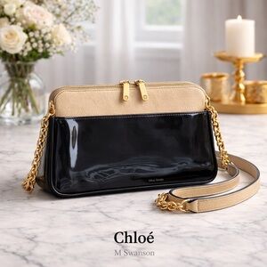 Chloé Lucy Two-Tone Leather Shoulder Bag Beige Black Gold Hardware Italy